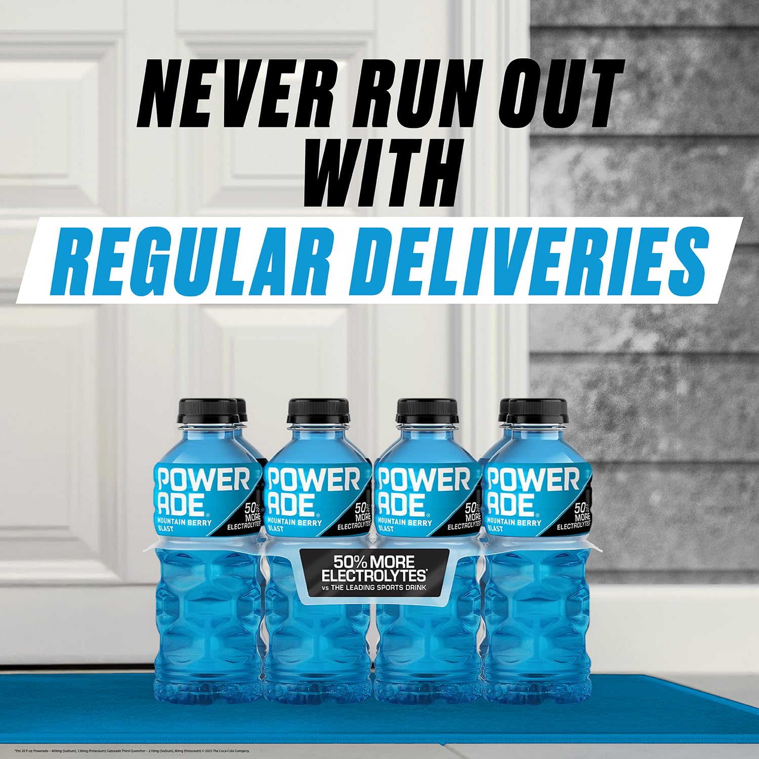 Powerade Grape bottle with visible electrolytes and vitamin boost for training.