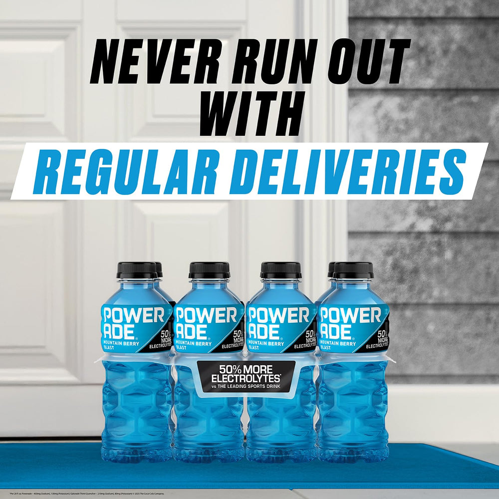 Powerade Grape bottle with visible electrolytes and vitamin boost for training.