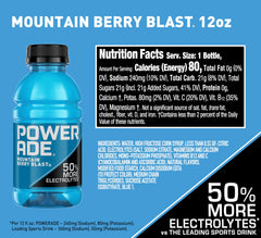 Close-up of Powerade Mountain Berry Blast label highlighting electrolytes and vitamins.