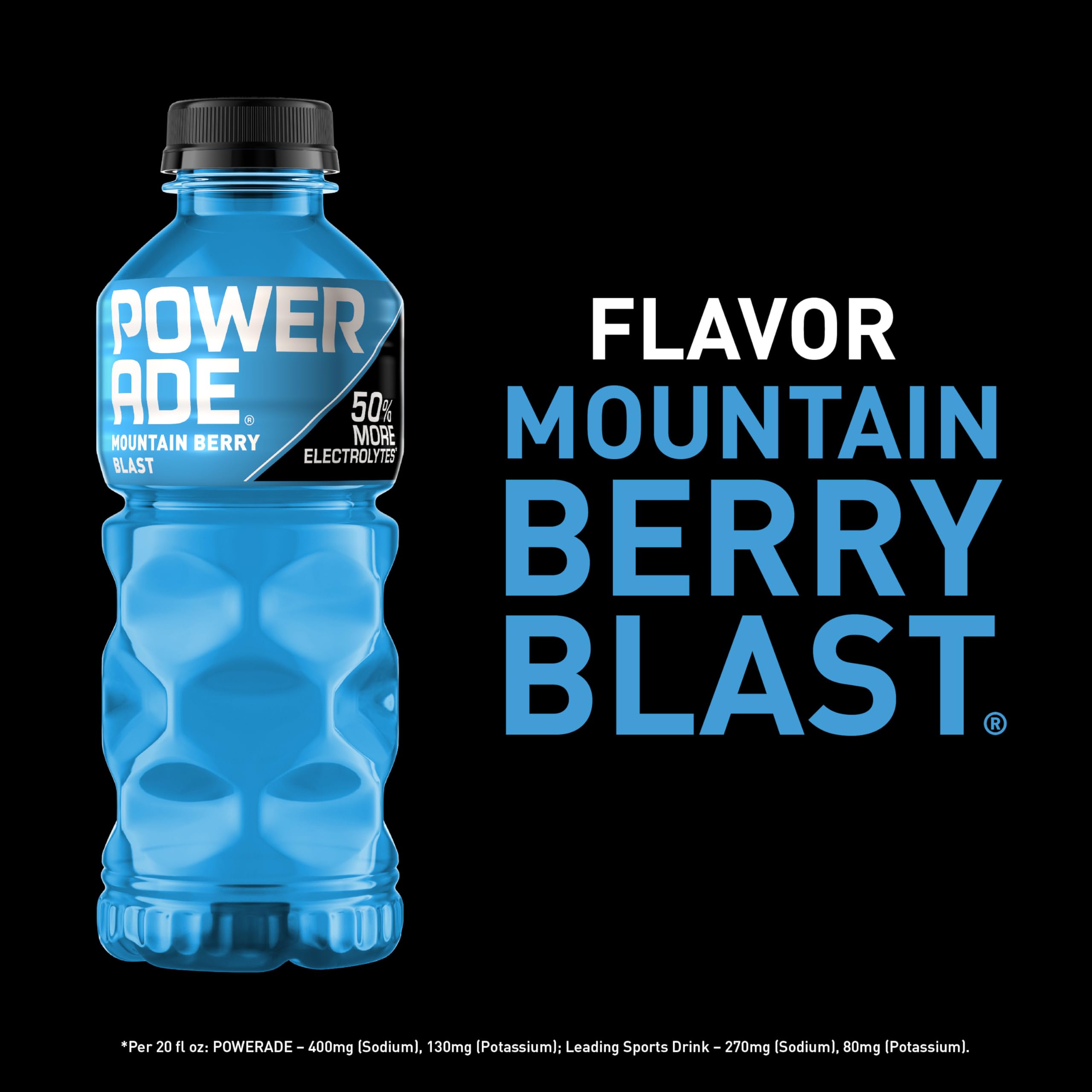 Close-up of Powerade Mountain Berry Blast label showing vitamin-enhanced hydration