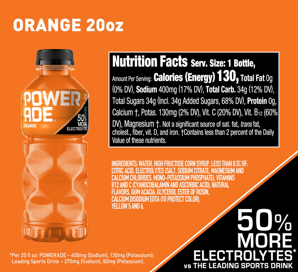 Powerade Orange label closeup highlights bold flavor and electrolyte mix.