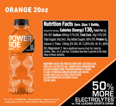 Powerade Orange label closeup highlights bold flavor and electrolyte mix.