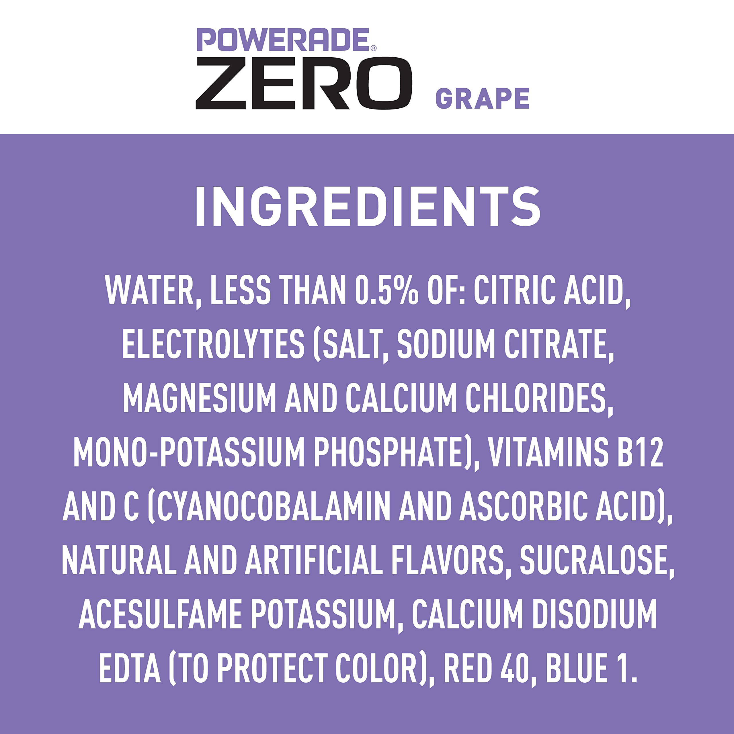 Powerade Zero Sugar grape label closeup highlights electrolytes and vitamins