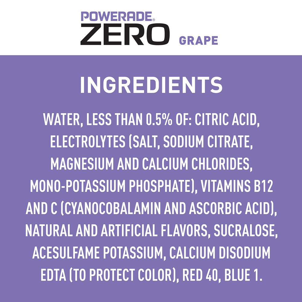Powerade Zero Sugar grape label closeup highlights electrolytes and vitamins
