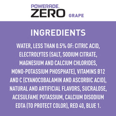 Powerade Zero Sugar grape label closeup highlights electrolytes and vitamins