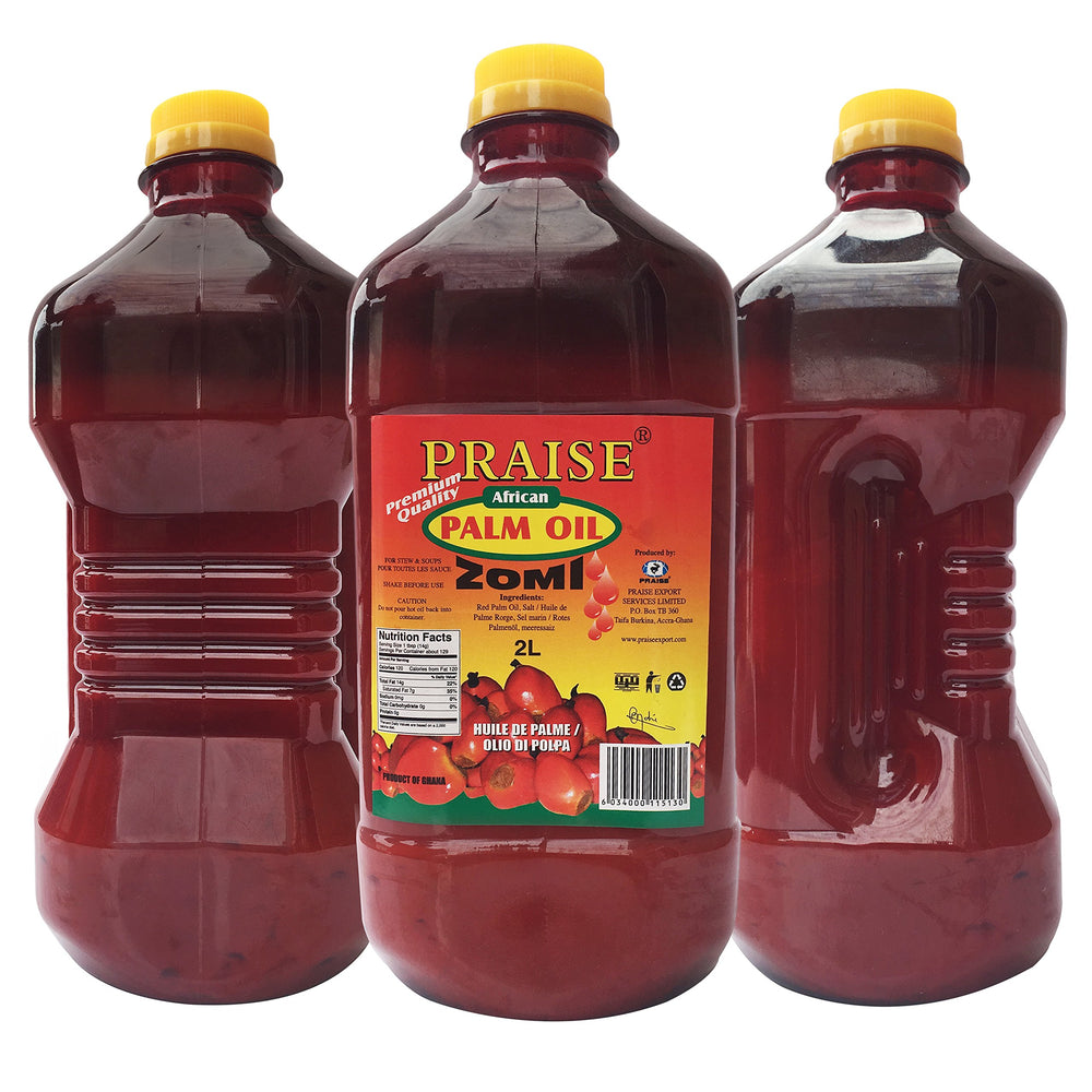 PRAISE Red Palm Oil bottle from Ghana showing natural freshness for cooking.