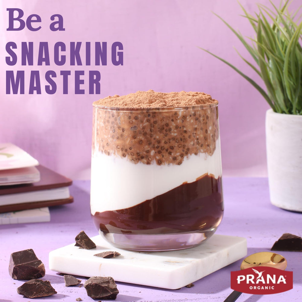 Prana Fairtrade cocoa powder emphasizes ethical sourcing and flavor boost.