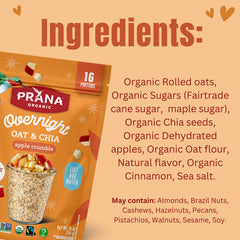Prana organic overnight chia oats apple crumble bags emphasize vegan, non-GMO ingredients.
