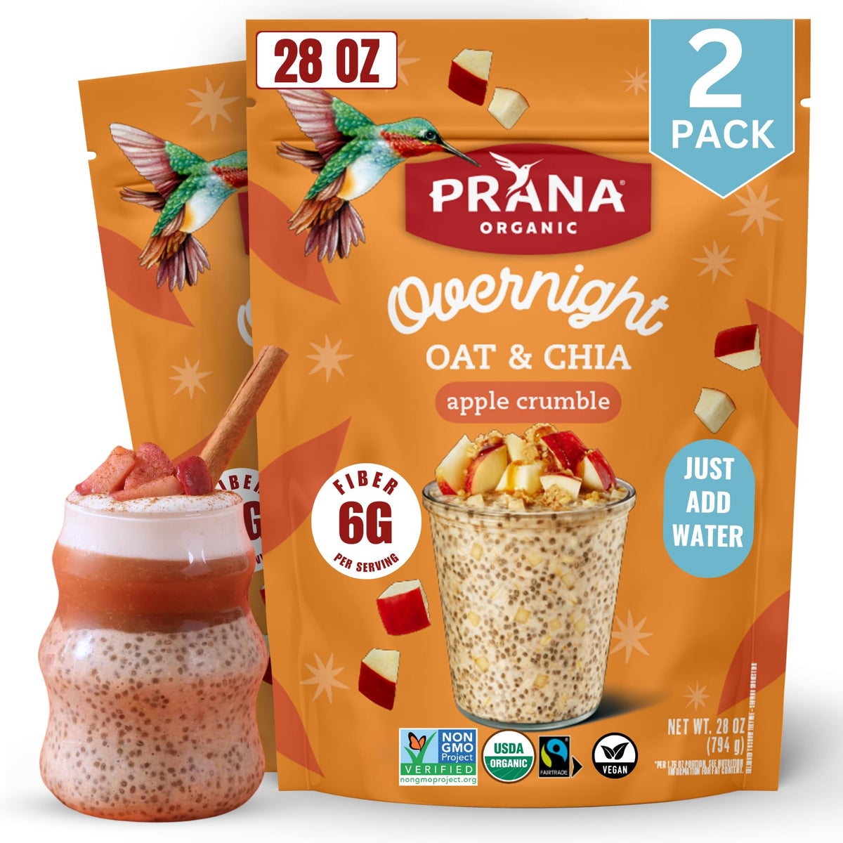 Prana overnight chia oats apple crumble bowl shows a ready-to-eat, high-fiber breakfast.