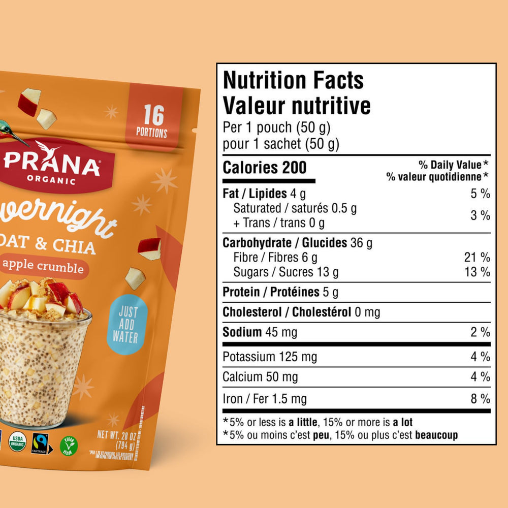 Prana overnight chia oats apple crumble closeup highlights chewy oats and chia texture.