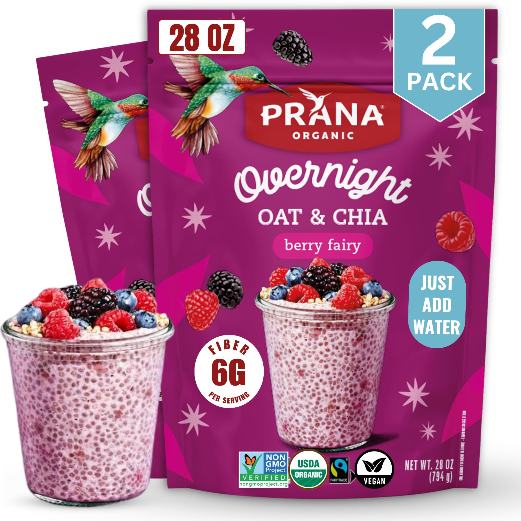 Prana Overnight Chia Oats Berry Fairy packaging highlights organic ingredients for quick, fiber-rich breakfast.