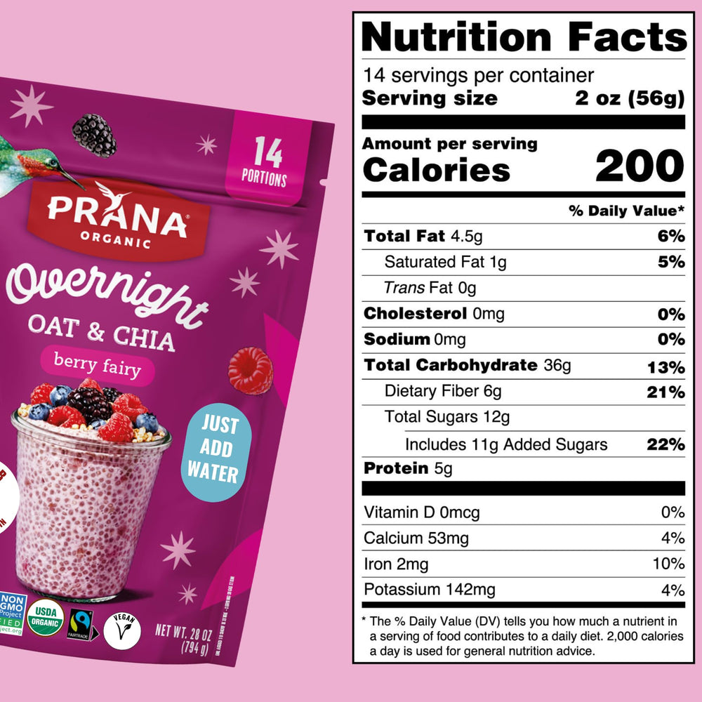 Prana Overnight Chia Oats Berry Fairy ready-to-eat bowl emphasizes convenience for busy mornings.