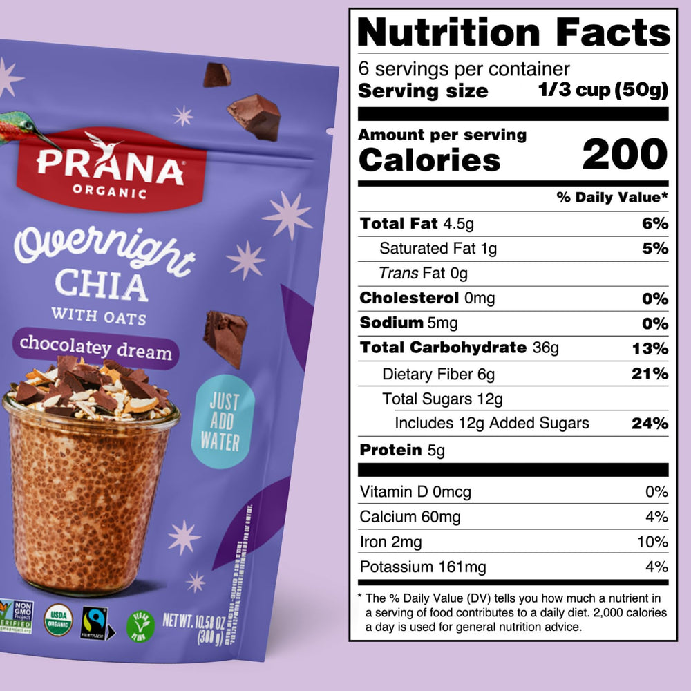 Prana Overnight Chia with Oats Chocolatey Dream spoon highlights creamy texture.