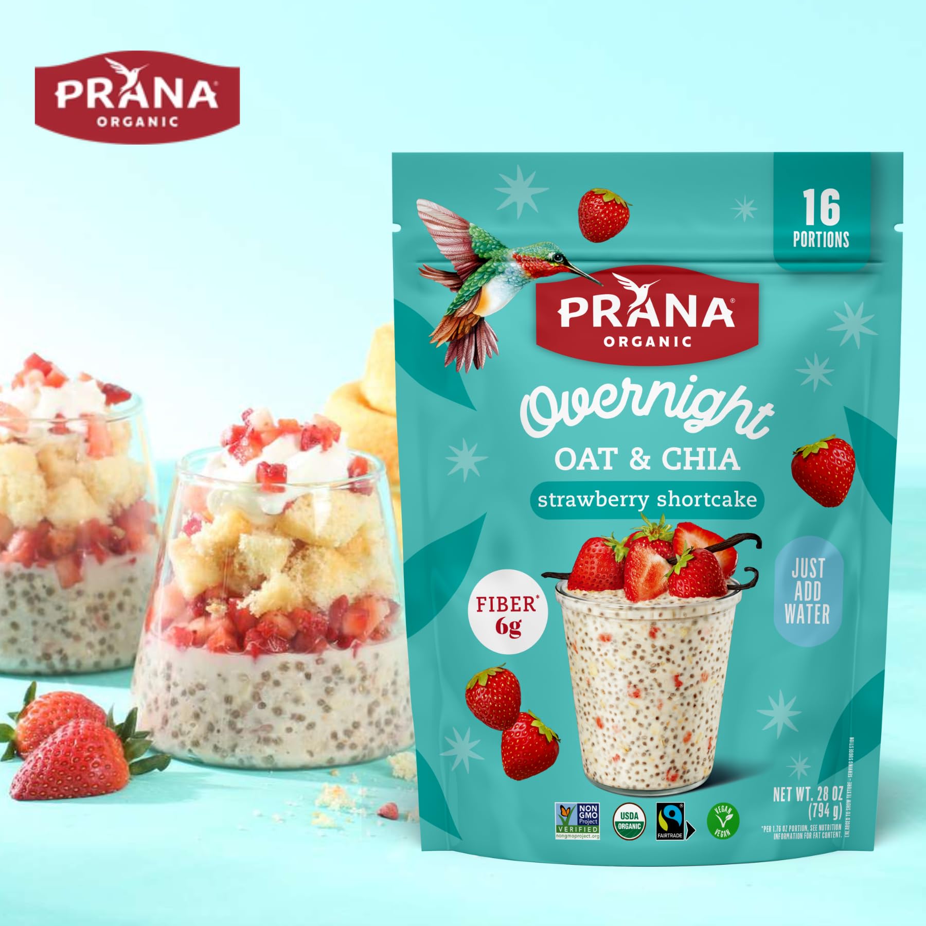 Prana Overnight Chia-Oats measuring cup with mix for simple prep.