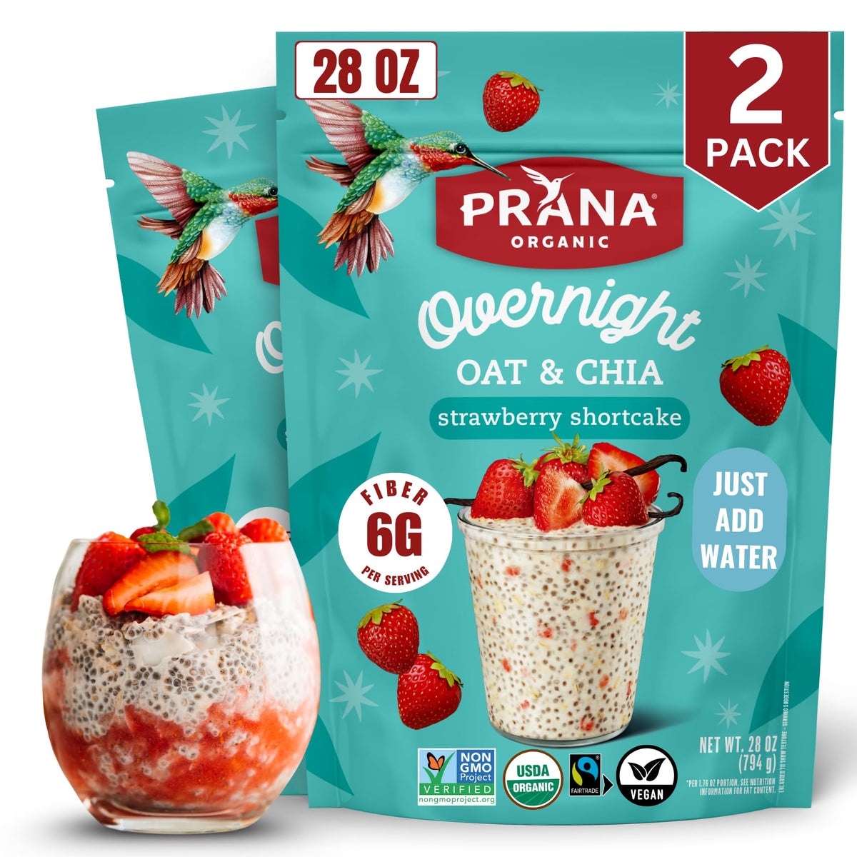 Prana Overnight Chia-Oats packaging showing vegan, non-GMO convenience.