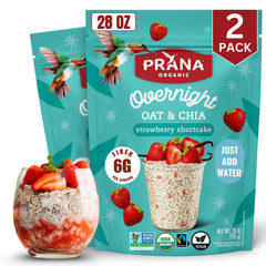 Prana Overnight Chia-Oats packaging showing vegan, non-GMO convenience.