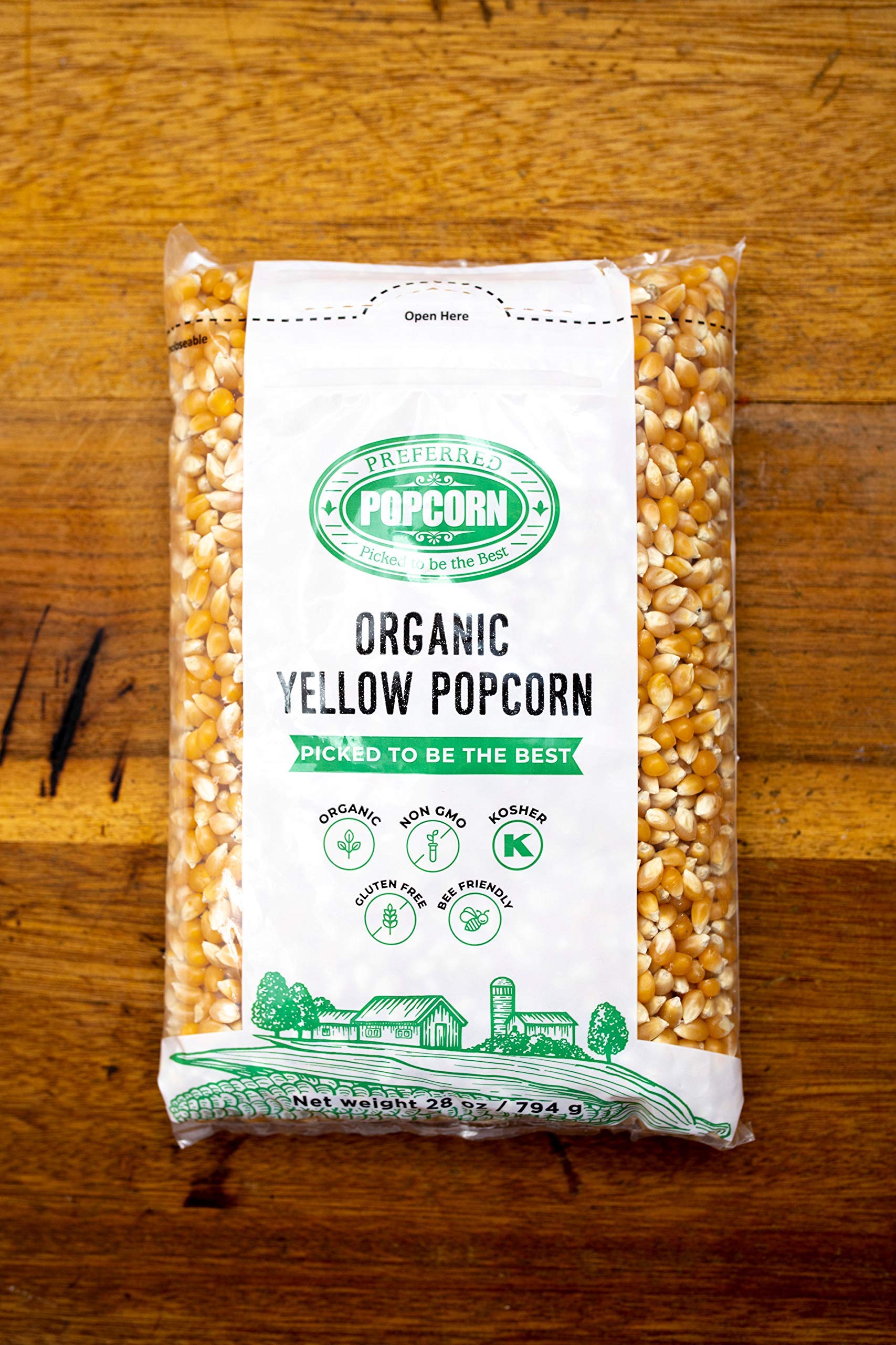 Preferred Popcorn organic certification seal signals trusted organic standards.