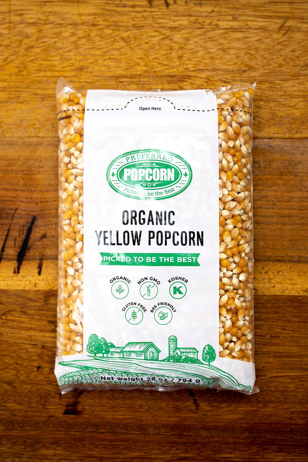 Preferred Popcorn organic certification seal signals trusted organic standards.
