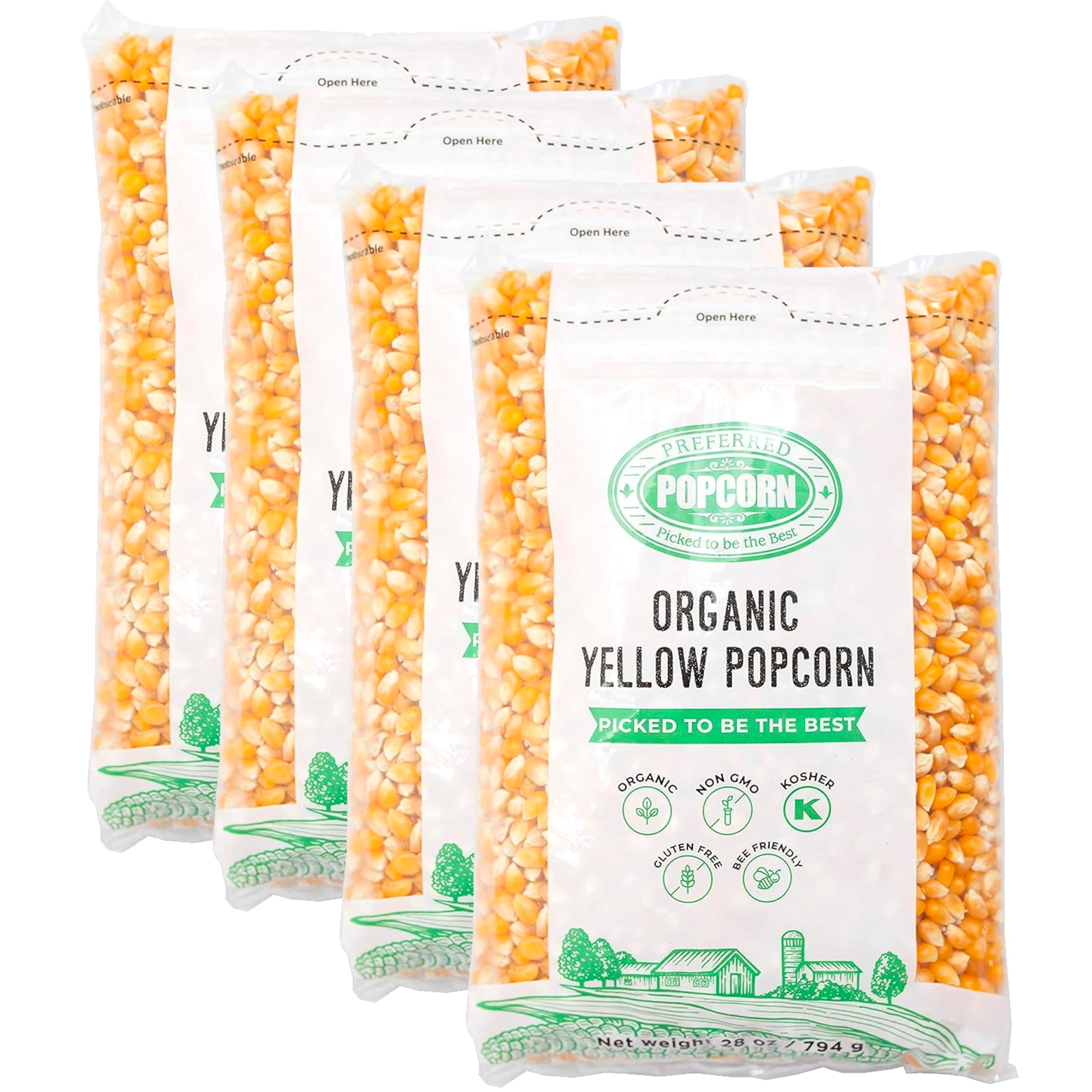 Preferred Popcorn organic kernels in a 28oz bag, great for daily snacking.