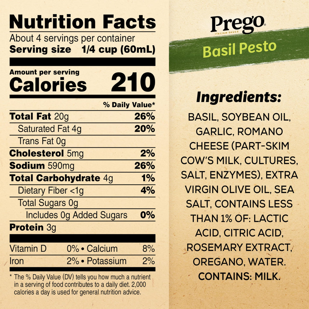 Prego Basil Pesto Sauce jar back label showing no added sugars and natural ingredients.