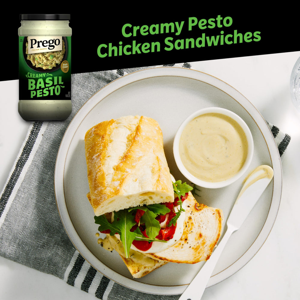 Prego Basil Pesto spread on toasted bread adds tasty sandwich boost