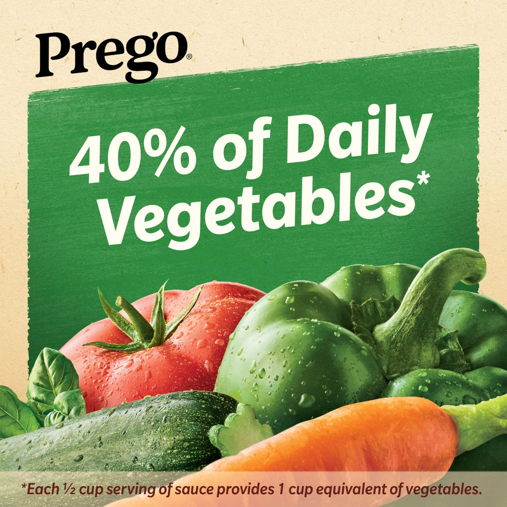 Prego Chunky Garden Combo jar shows gluten-free and vegetarian badge.
