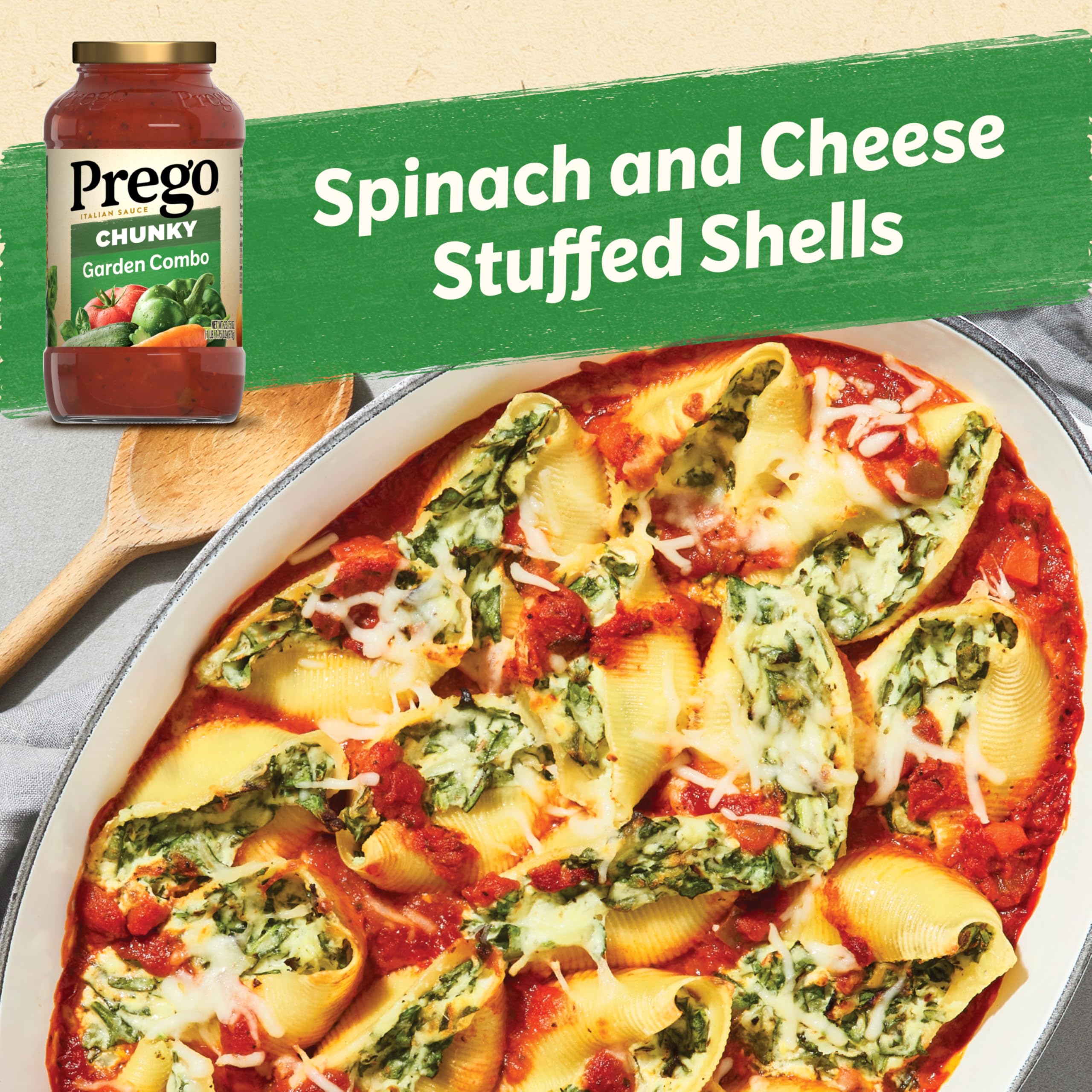 Prego Chunky Garden Combo sauce poured over pasta on plate.