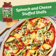 Prego Chunky Garden Combo sauce poured over pasta on plate.