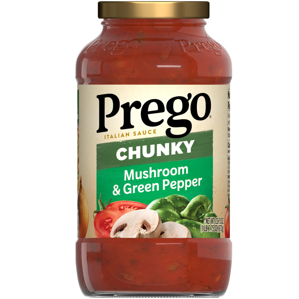 Prego chunky mushroom and green pepper sauce jar ready for quick weeknight pasta meals