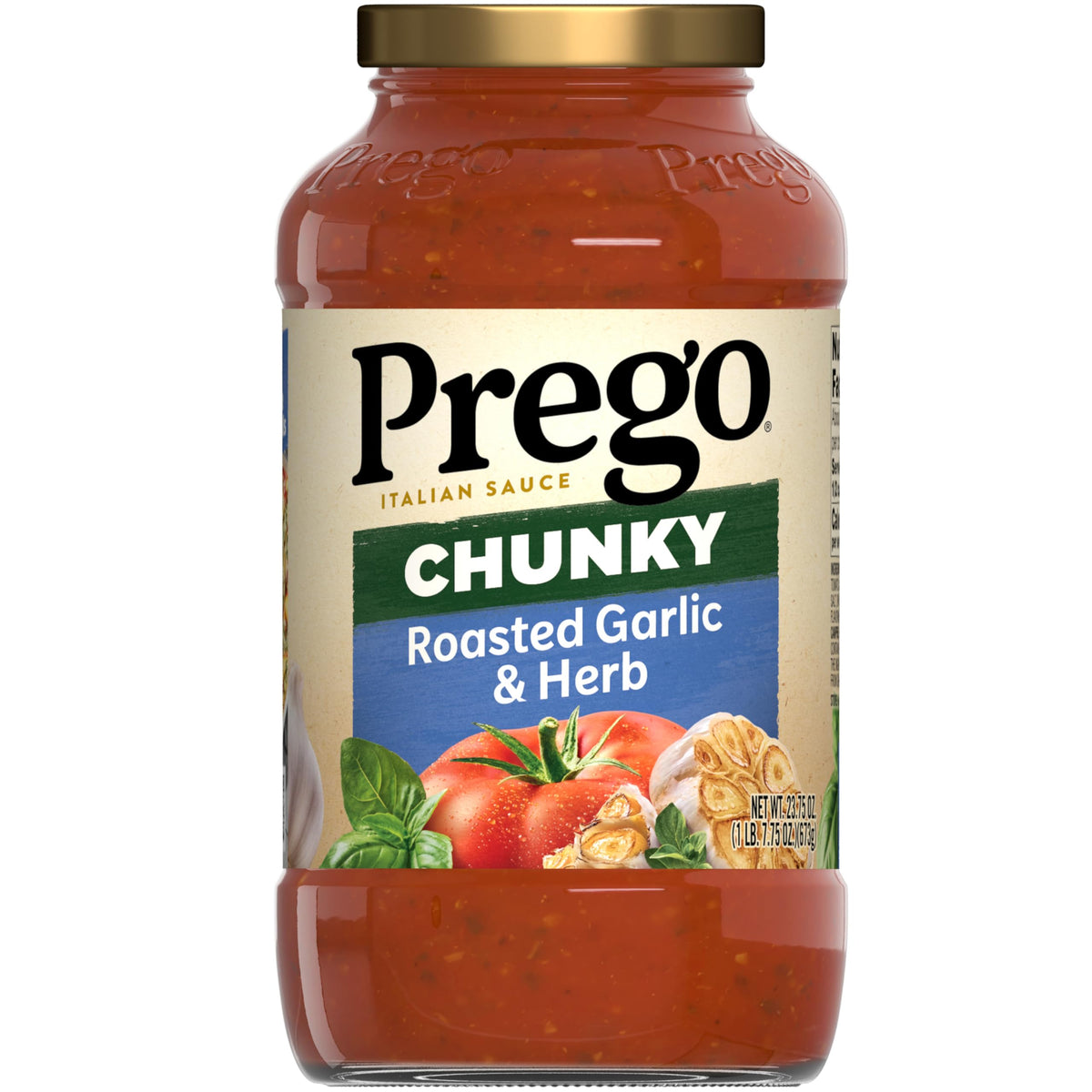 Prego Chunky Roasted Garlic and Herb pasta sauce jar showing thick, flavorful texture for hearty pasta
