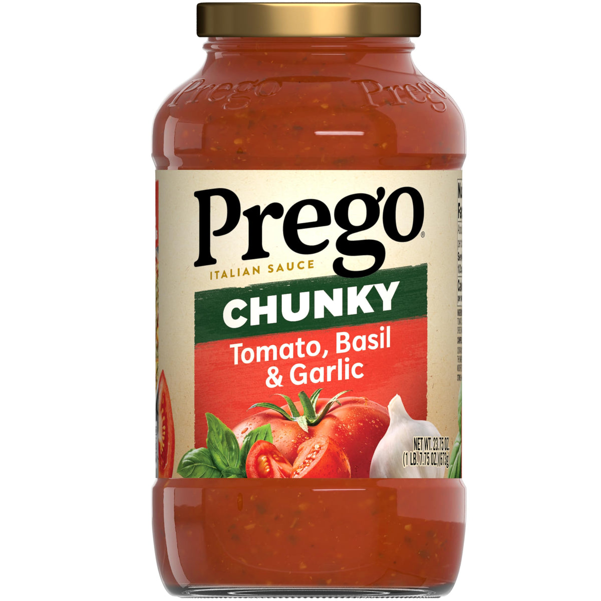 Prego chunky tomato-basil-garlic pasta sauce jar for hearty weeknight dinners.