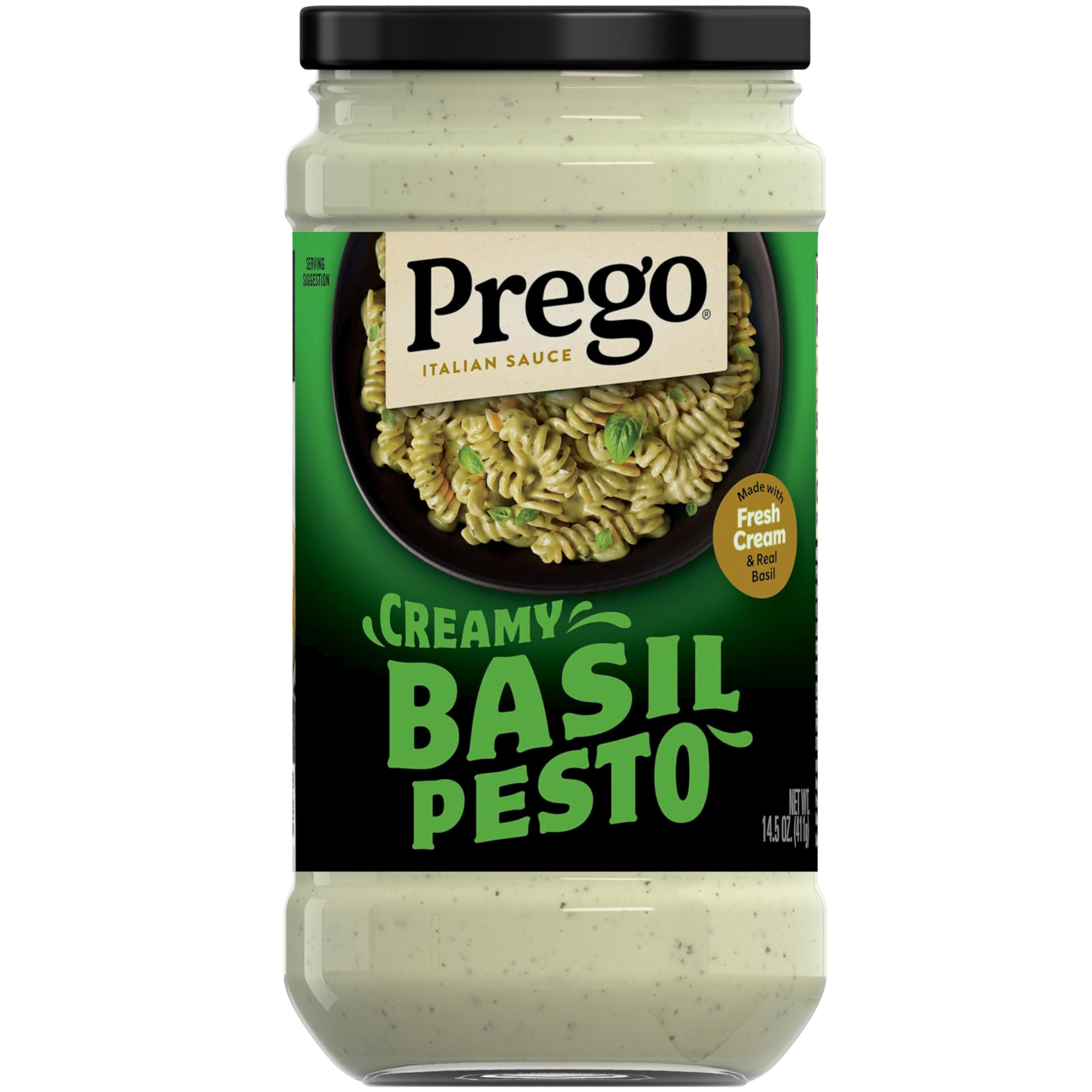 Prego Creamy Basil Pesto Pasta Sauce jar highlights rich basil flavor for pasta