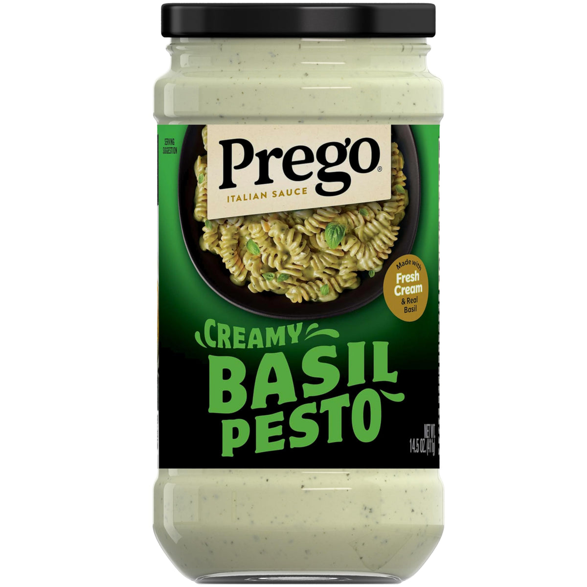 Prego Creamy Basil Pesto Pasta Sauce jar highlights rich basil flavor for pasta