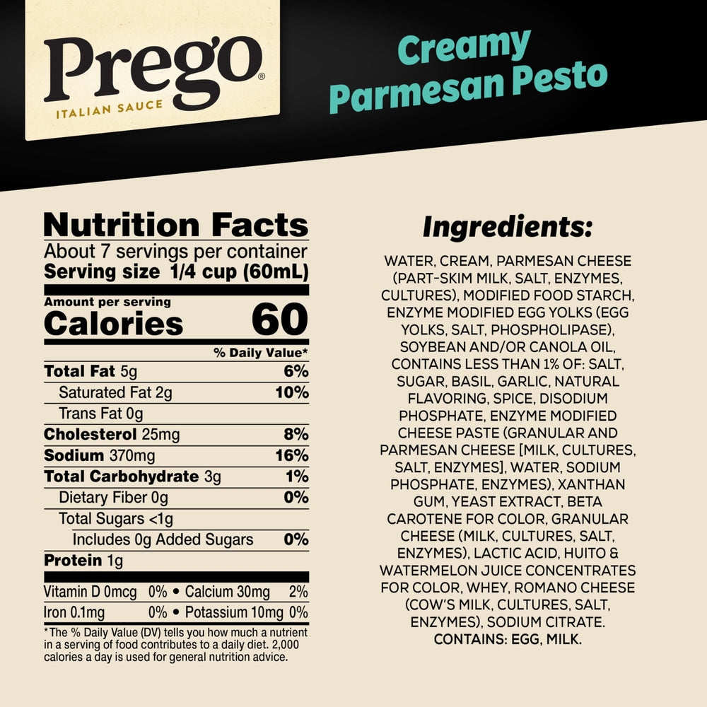 Prego Creamy Parmesan Pesto bottle label highlights fresh basil flavor.