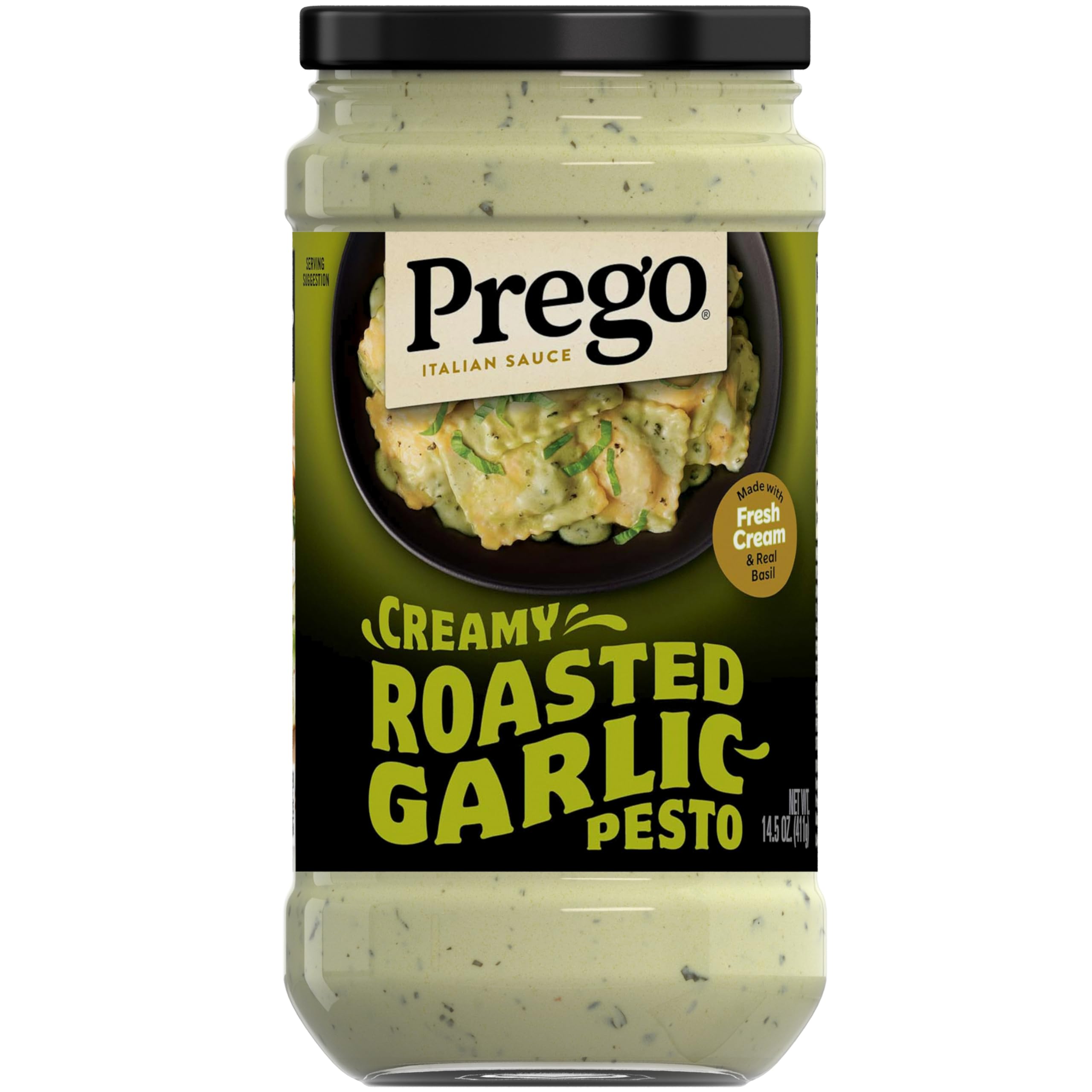 Prego Creamy Roasted Garlic Pesto jar showing rich basil flavor ideal for weeknight pasta