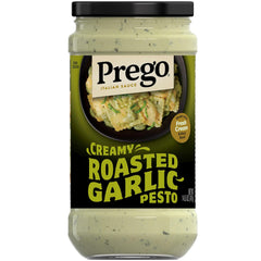Prego Creamy Roasted Garlic Pesto jar showing rich basil flavor ideal for weeknight pasta