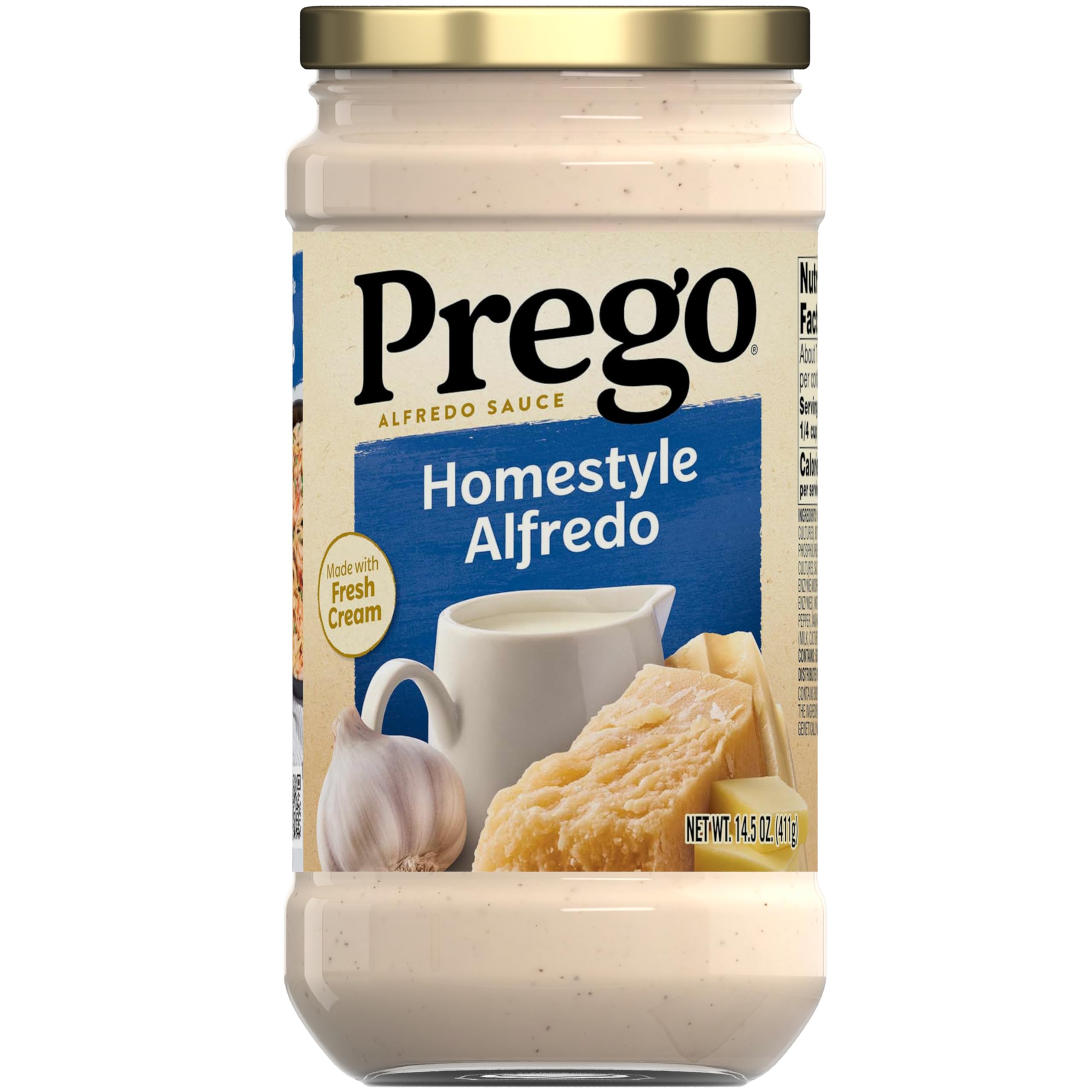 Prego Homestyle Alfredo sauce bottle pours creamy richness over pasta for quick weeknight meals.