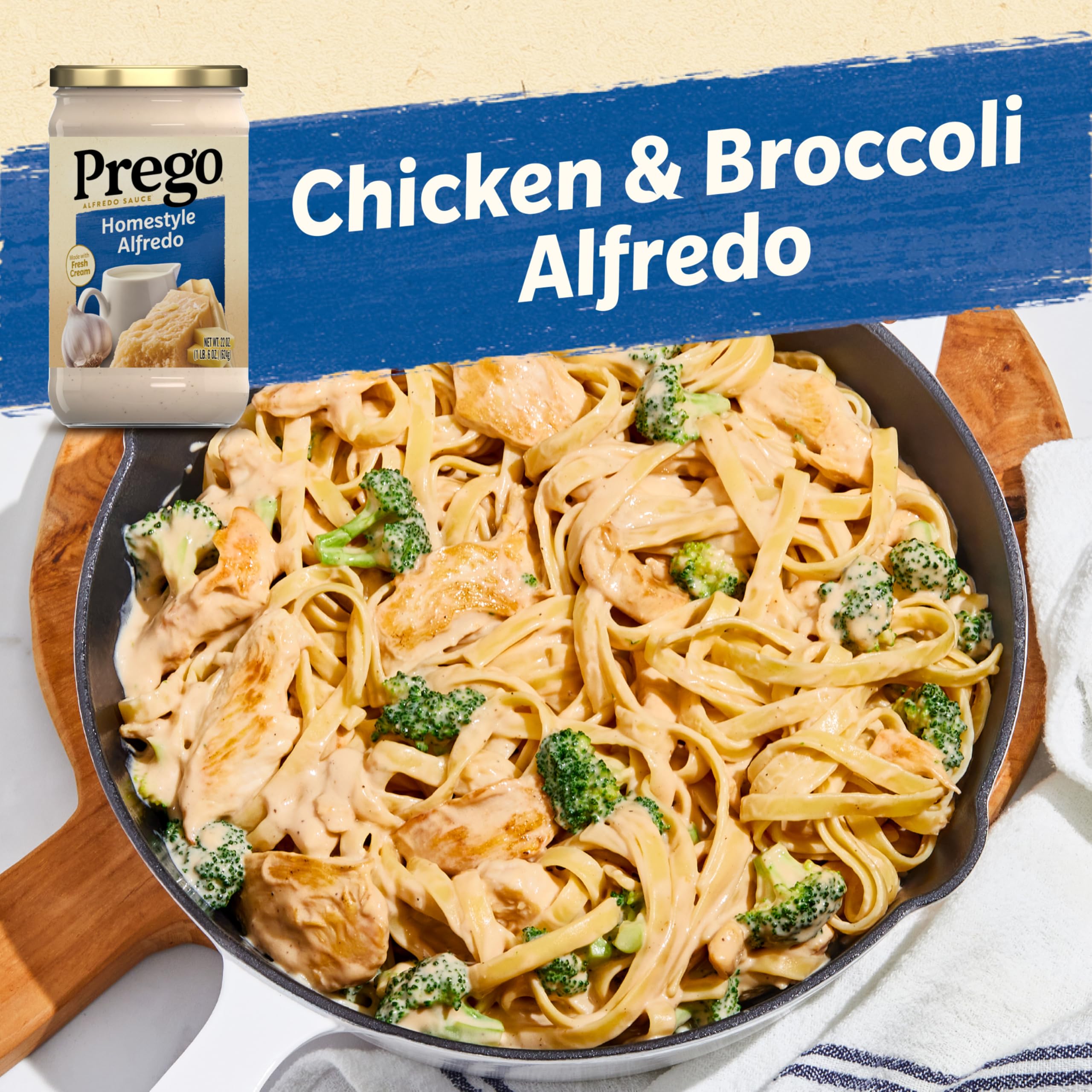 Ingredients display with fresh cream and seasonings for Prego Homestyle Alfredo sauce, ideal for quick weeknights.