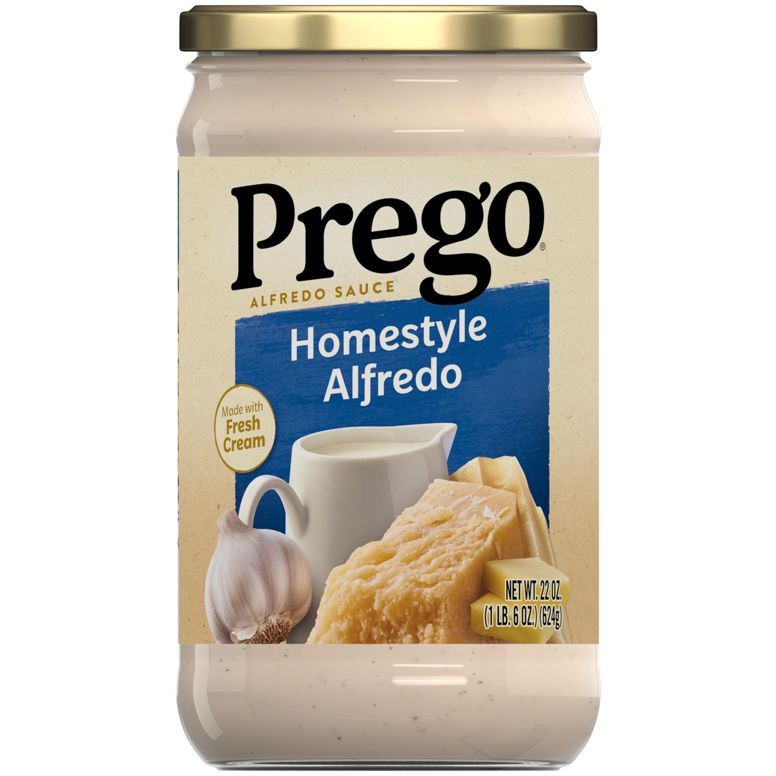 Prego Homestyle Alfredo sauce jar front view showing creamy texture for weeknight pasta.
