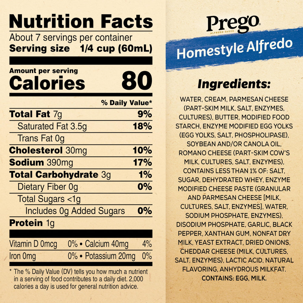 Prego Homestyle Alfredo sauce jar label closeup highlighting rich ingredients for flavor.