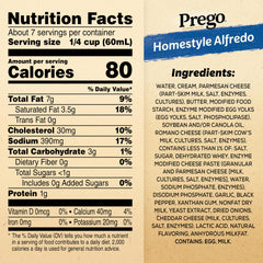 Prego Homestyle Alfredo sauce jar label closeup highlighting rich ingredients for flavor.