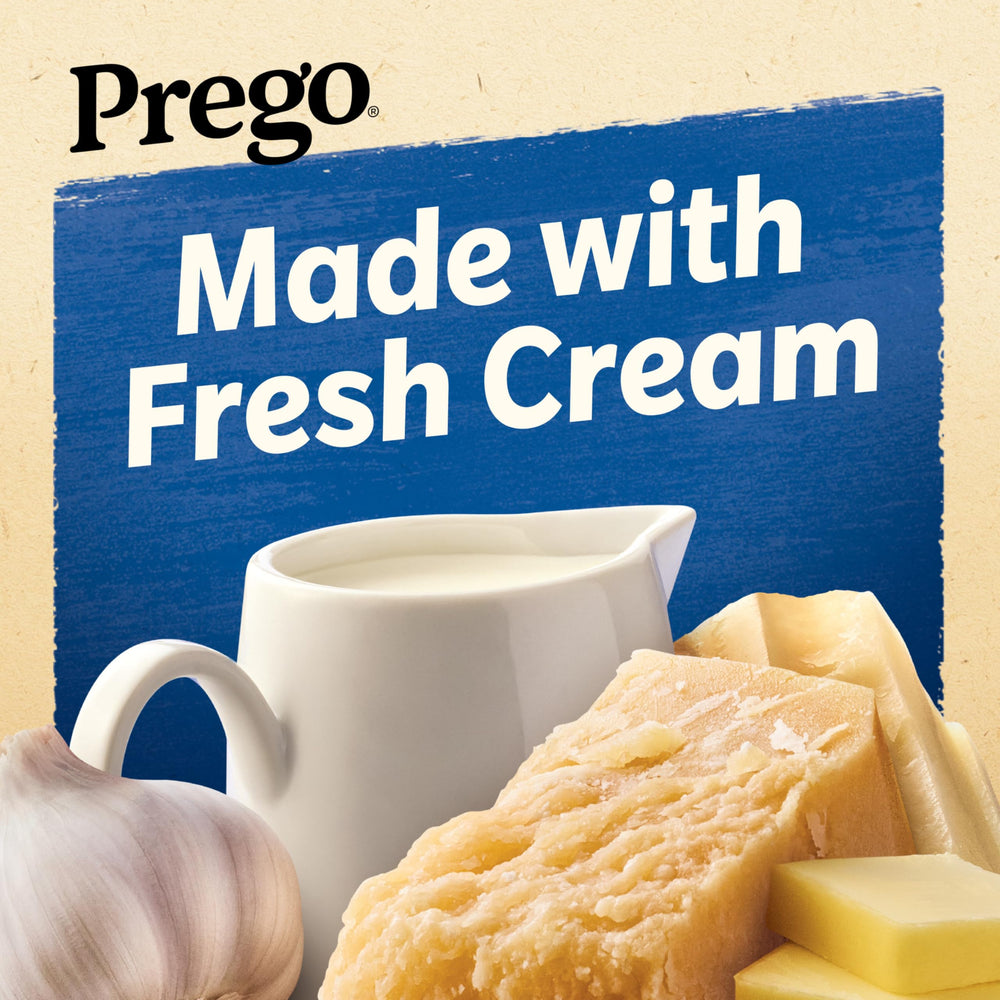 Prego Homestyle Alfredo sauce tossed with pasta shows a creamy coating.