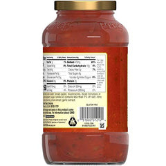 Close-up of Prego sauce ingredients showing tomato, mushroom and pepper flavors
