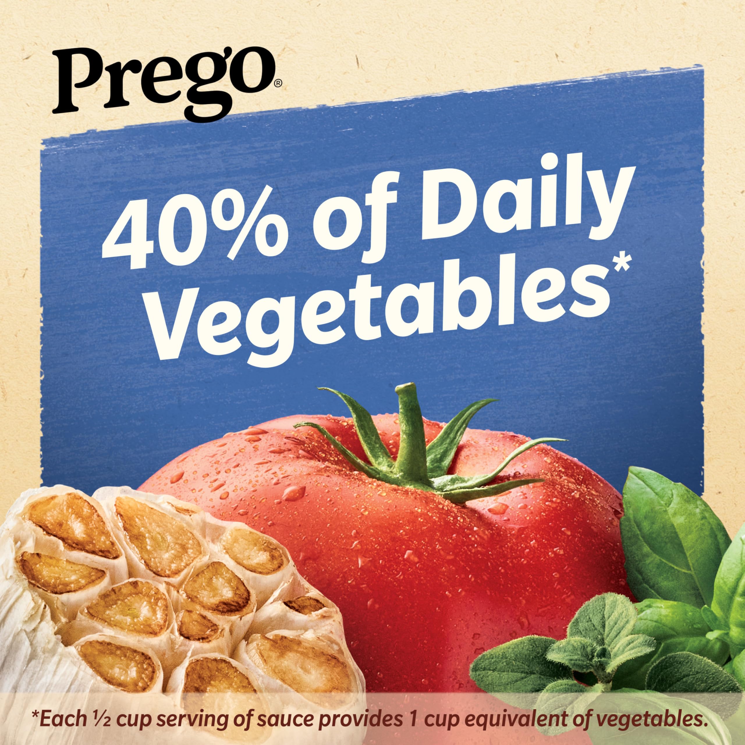 Tomatoes and herbs in Prego sauce bottle, emphasis on quality ingredients.