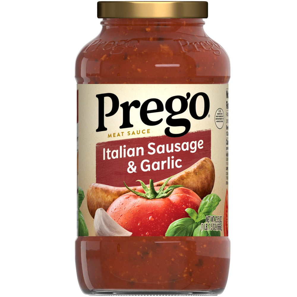 Prego Italian Sausage and Garlic Meat Sauce jar front view, ideal base for family pasta dinners.