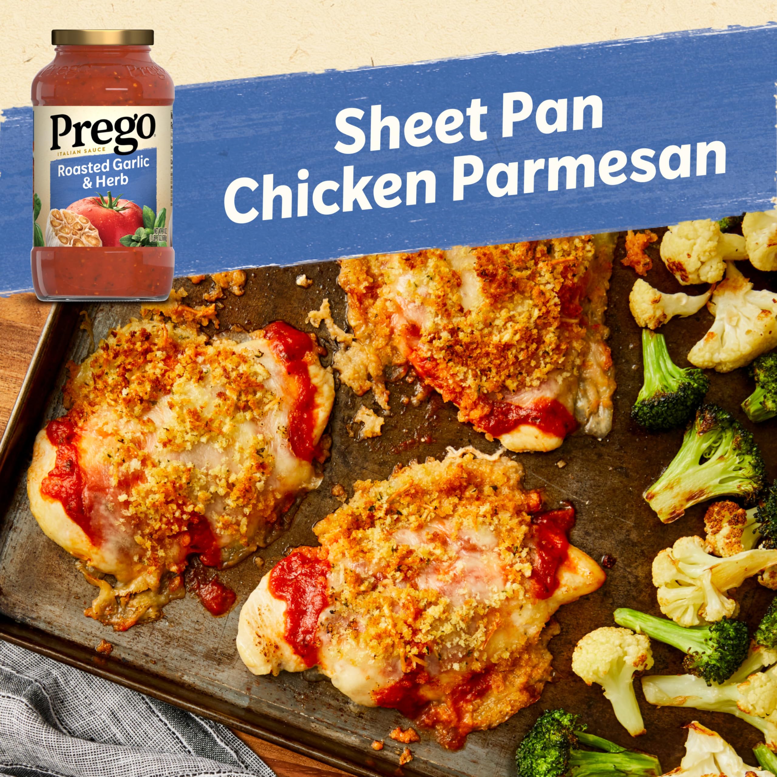 Prego jar on pasta dish with cheese and basil, inviting family meal.