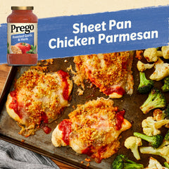 Prego jar on pasta dish with cheese and basil, inviting family meal.