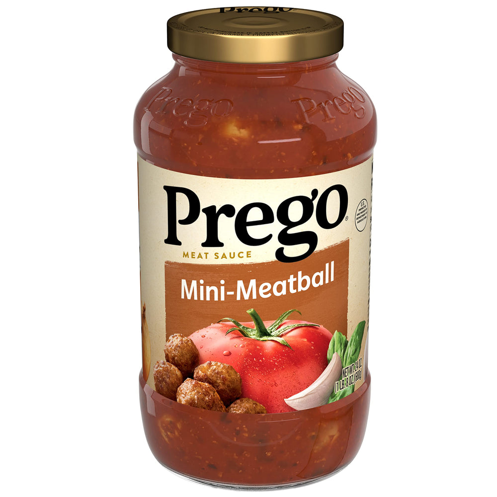 Prego Mini-Meatball Pasta Sauce jar showing thick, family-friendly flavor