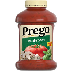 Prego Mushroom Pasta Sauce 67oz jar with rich tomato flavor for family meals.