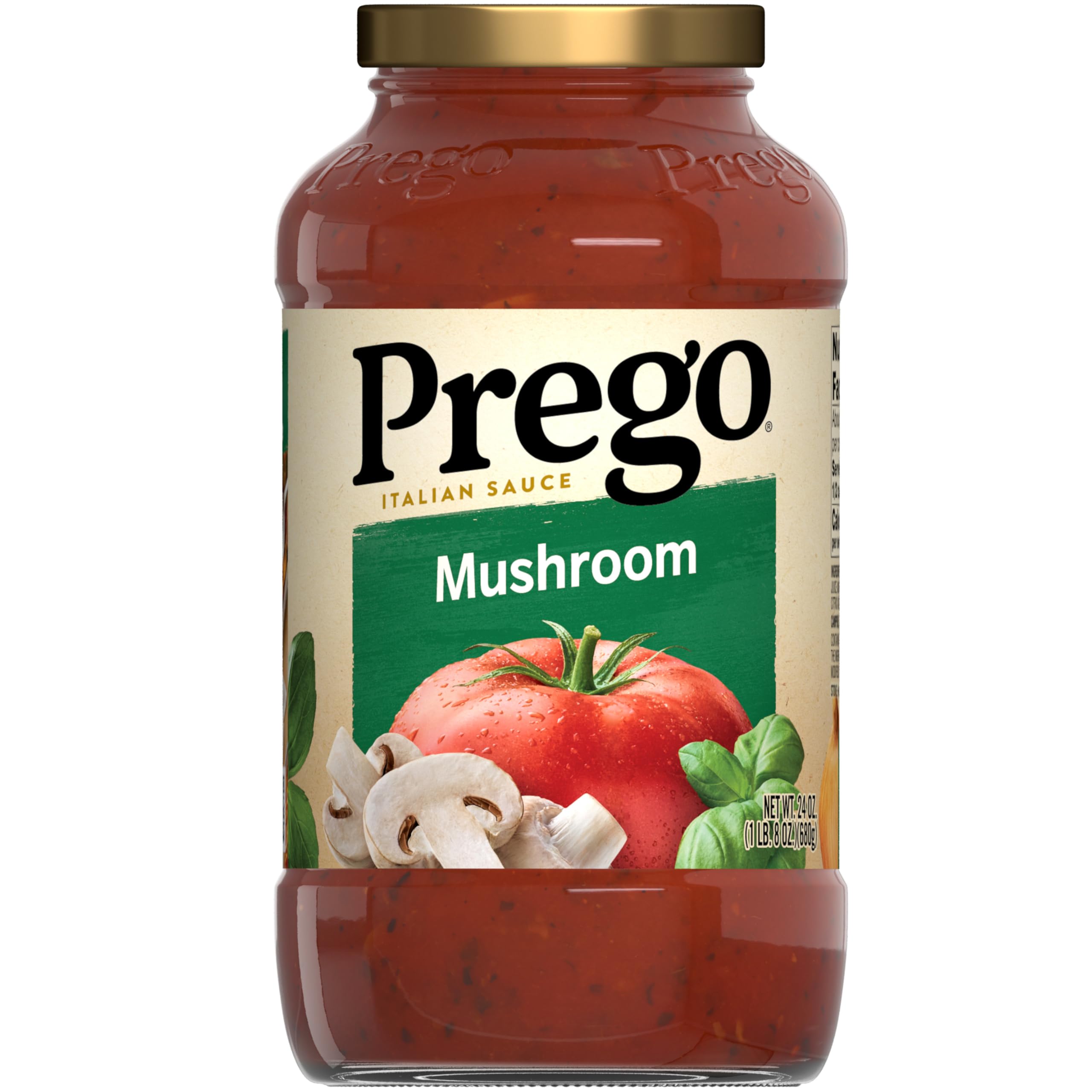 Prego Mushroom Pasta Sauce jar showing rich tomato-mushroom blend for quick family dinners.